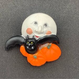 Vintage Halloween Brooch – Moon Face Bat & Pumpkin Pin by Easter Unlimited